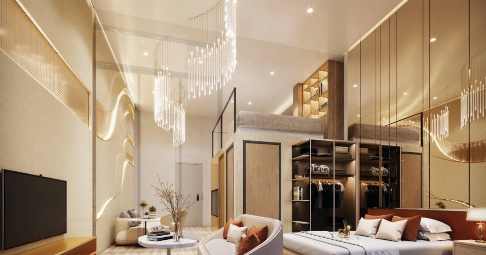 Rendering of a Duo Space interior with a mezzanine bedroom