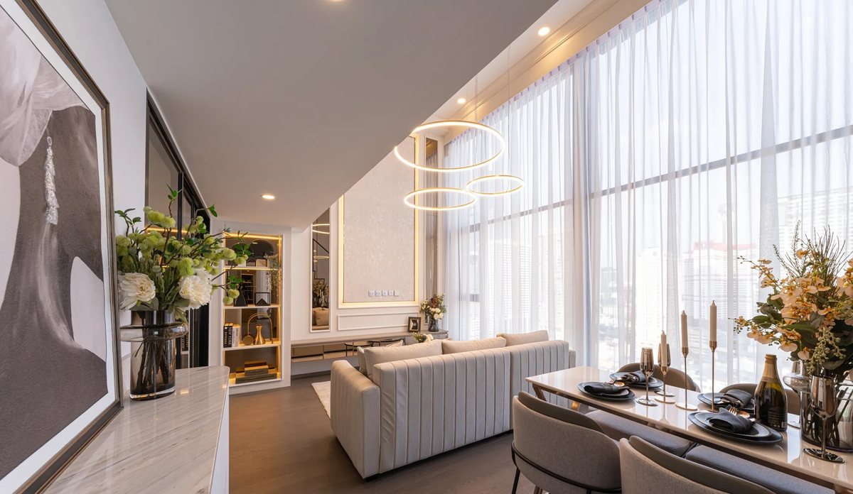 Double-height living room with a mezzanine