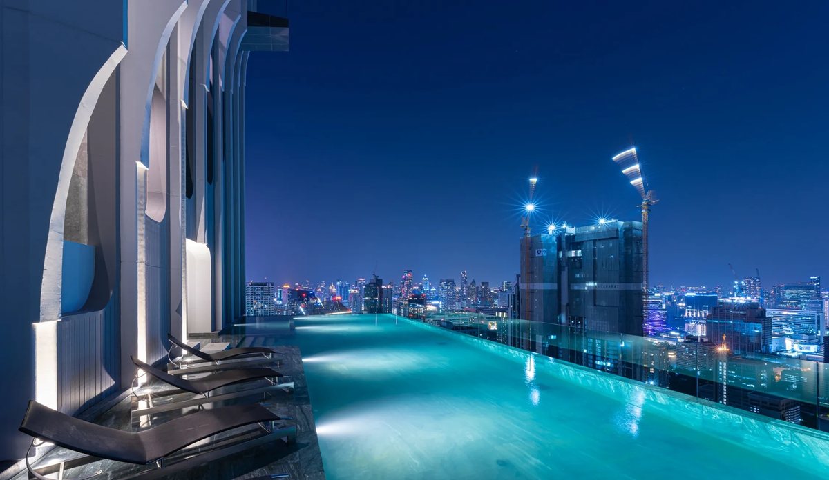 Pool terrace and skyline views at dusk